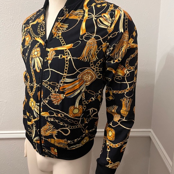 Versace Inspired Black and Gold Chain Print Jacket - Picture 2 of 6